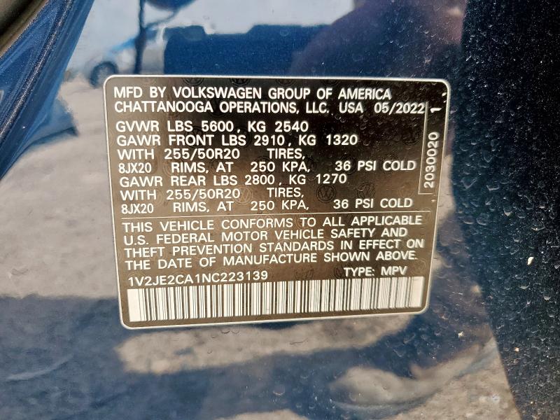 1V2JE2CA1NC223139 - 2022 VOLKSWAGEN ATLAS CROS SE BLUE photo 13