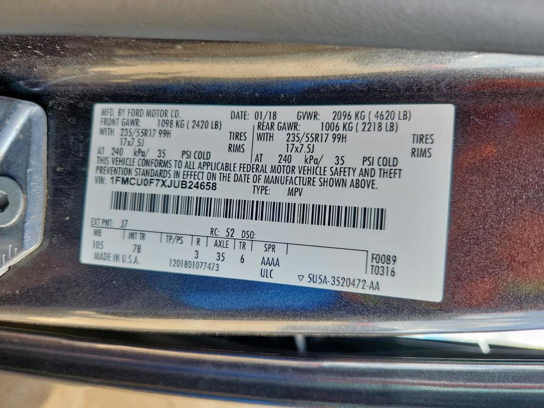 1FMCU0F7XJUB24658 - 2018 FORD ESCAPE S GRAY photo 12