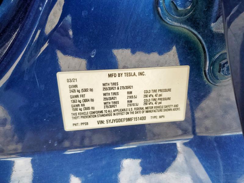 5YJYGDEF9MF151400 - 2021 TESLA MODEL Y BLUE photo 12