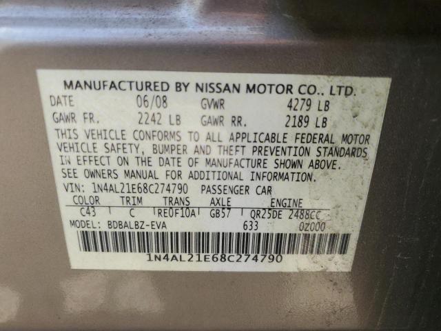 1N4AL21E68C274790 - 2008 NISSAN ALTIMA 2.5 SILVER photo 12