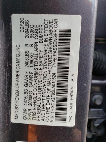 1HGCV2F95LA010524 - 2020 HONDA ACCORD TOURING GRAY photo 12