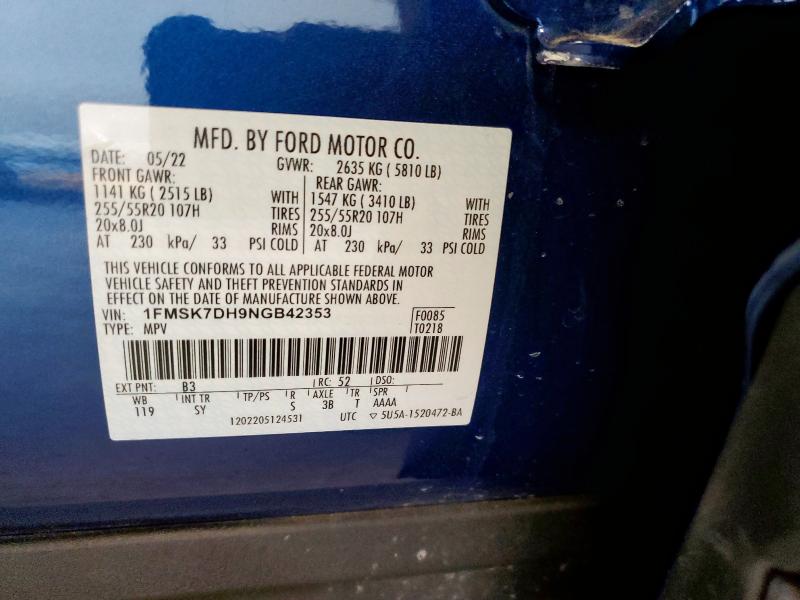 1FMSK7DH9NGB42353 - 2022 FORD EXPLORER XLT BLUE photo 13