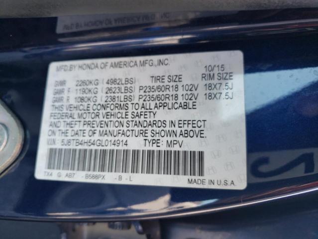 5J8TB4H54GL014914 - 2016 ACURA RDX TECHNOLOGY BLUE photo 13