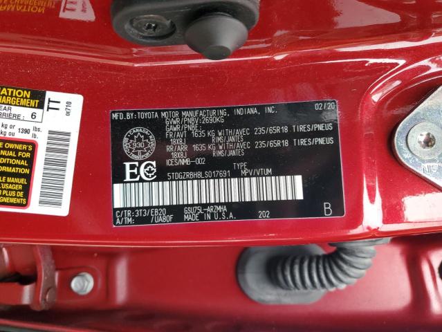 5TDGZRBH8LS017691 - 2020 TOYOTA HIGHLANDER XLE RED photo 13