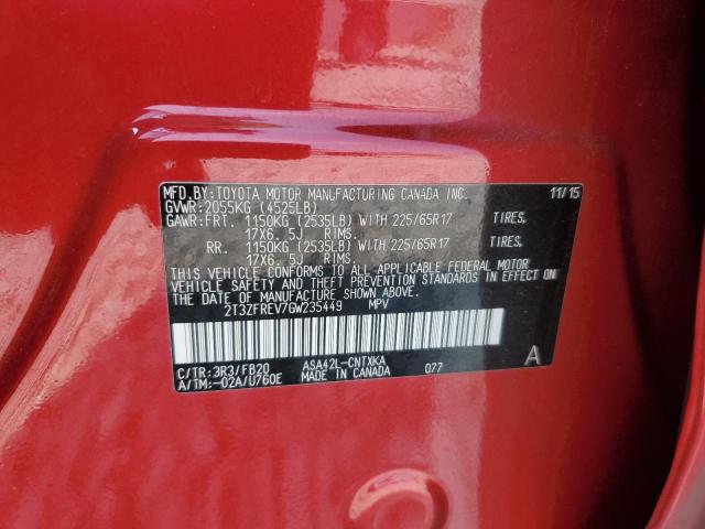 2T3ZFREV7GW235449 - 2016 TOYOTA RAV4 LE RED photo 13