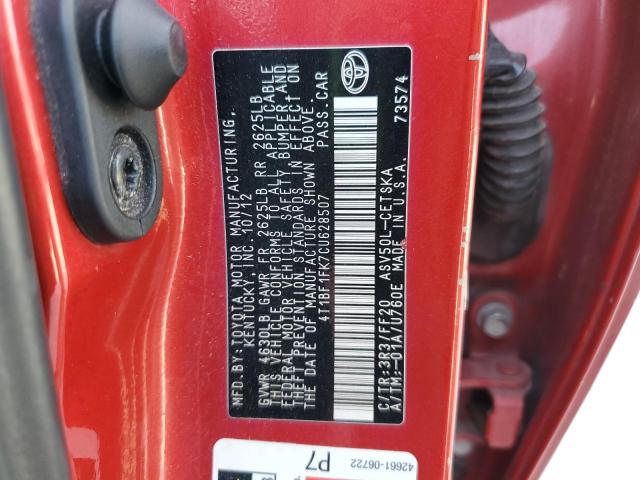 4T1BF1FK7CU628507 - 2012 TOYOTA CAMRY BASE RED photo 13