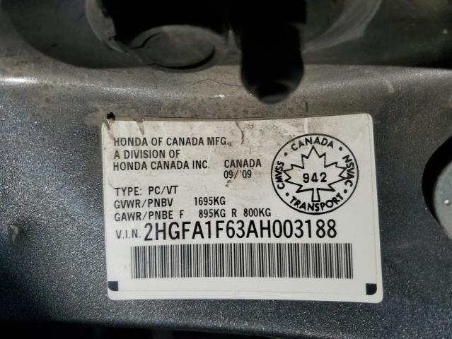 2HGFA1F63AH003188 - 2010 HONDA CIVIC LX-S შავი ფოტო 12