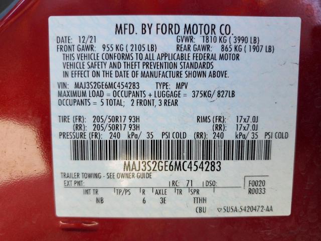 MAJ3S2GE6MC454283 - 2021 FORD ECOSPORT SE მუქწითელი ფოტო 13