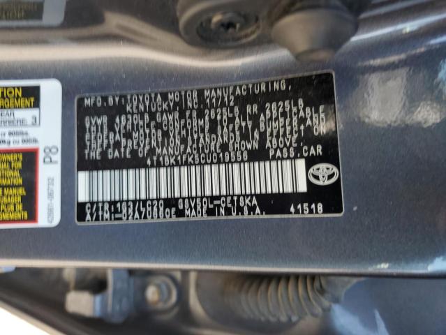 4T1BK1FK5CU019556 - 2012 TOYOTA CAMRY SE GRAY photo 12