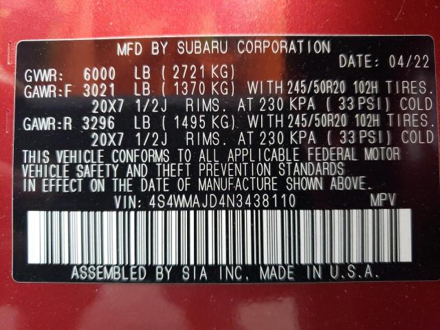 4S4WMAJD4N3438110 - 2022 SUBARU ASCENT ONYX EDITION RED photo 13