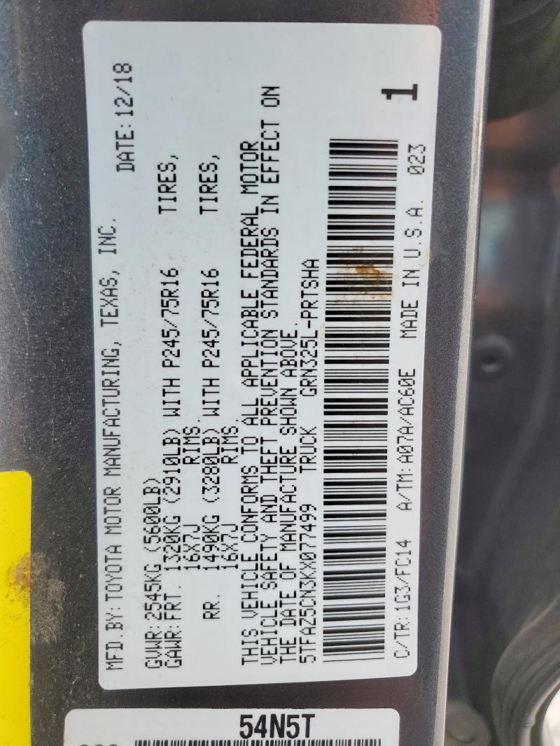 5TFAZ5CN3KX077499 - 2019 TOYOTA TACOMA DOUBLE CAB 石墨色 照片 13