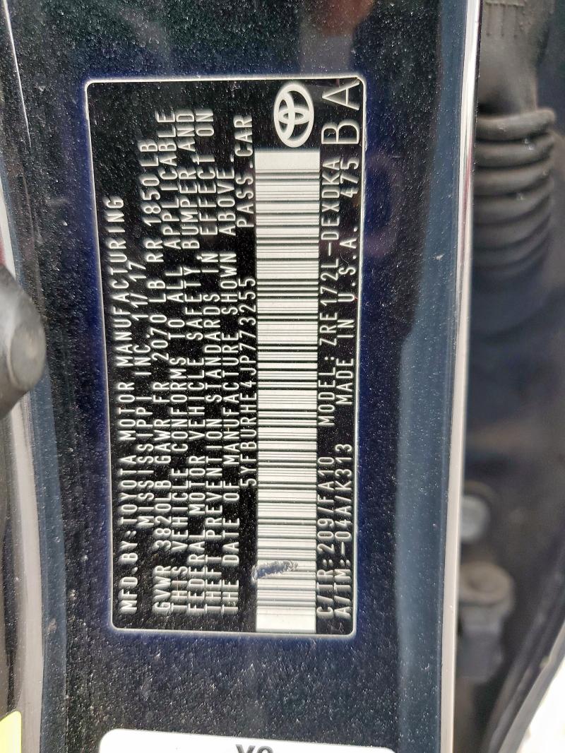 5YFBURHE4JP773255 - 2018 TOYOTA COROLLA L BLACK photo 12