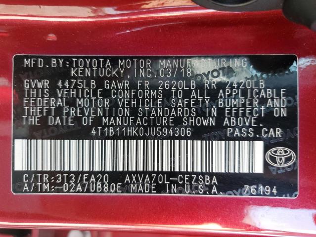 4T1B11HK0JU594306 - 2018 TOYOTA CAMRY L RED photo 13