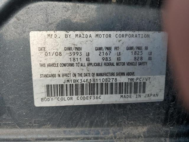 JM1BK34F181108278 - 2008 MAZDA 3 I GRAY photo 12