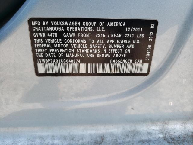 1VWBP7A32CC040974 - 2012 VOLKSWAGEN PASSAT SE BLUE photo 12