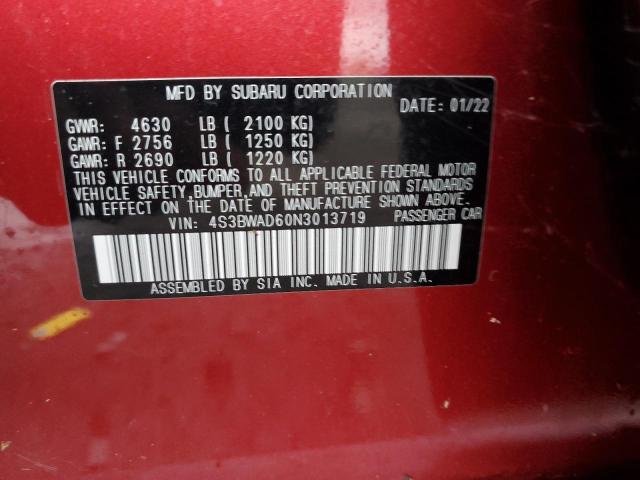 4S3BWAD60N3013719 - 2022 SUBARU LEGACY PREMIUM RED photo 12