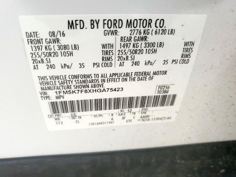 1FM5K7F8XHGA75423 - 2017 FORD EXPLORER LIMITED Biały zdjęcie 13