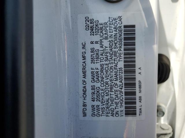 1HGCV3F42LA007235 - 2020 HONDA ACCORD HYBRID EX WHITE photo 12