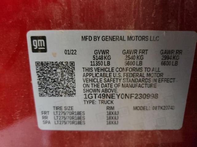 1GT49NEY0NF230998 - 2022 GMC SIERRA K2500 SLT RED photo 12