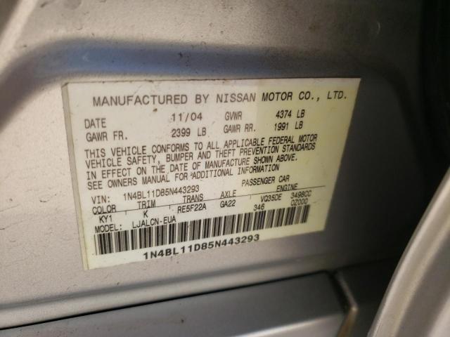 1N4BL11D85N443293 - 2005 NISSAN ALTIMA SE SILVER photo 12