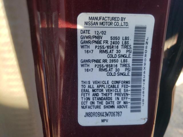 JN8DR09X43W706787 - 2003 NISSAN PATHFINDER LE BURGUNDY photo 10