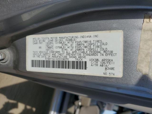 5TBRT341X2S330255 - 2002 TOYOTA TUNDRA ACCESS CAB Մոխրագույն լուսանկար 12