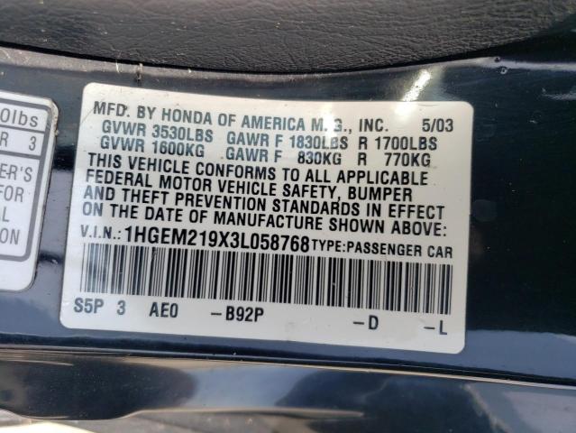 1HGEM219X3L058768 - 2003 HONDA CIVIC EX BLACK photo 12