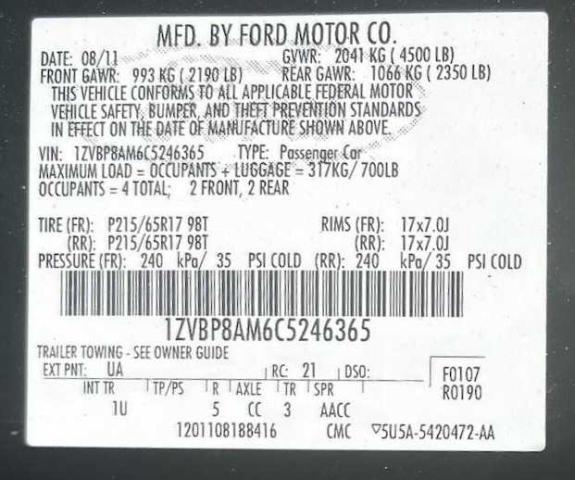 1ZVBP8AM6C5246365 - 2012 FORD MUSTANG BLACK photo 10