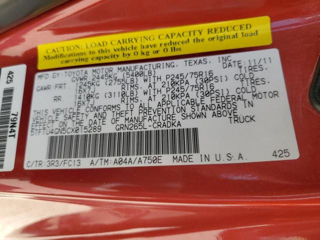 5TFTU4GN5CX015289 - 2012 TOYOTA TACOMA PRERUNNER ACCESS CAB RED photo 12