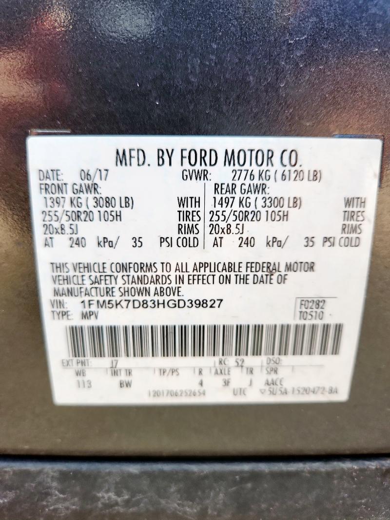 1FM5K7D83HGD39827 - 2017 FORD EXPLORER XLT CHARCOAL photo 13