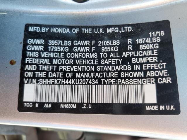 SHHFK7H44KU207434 - 2019 HONDA CIVIC SPORT 银色 照片 12