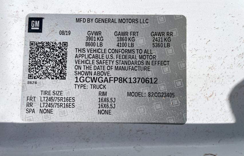 1GCWGAFP8K1370612 - 2019 CHEVROLET EXPRESS G2 WHITE photo 10