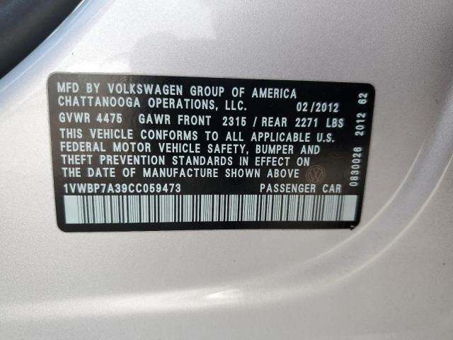 1VWBP7A39CC059473 - 2012 VOLKSWAGEN PASSAT SE SILVER photo 12