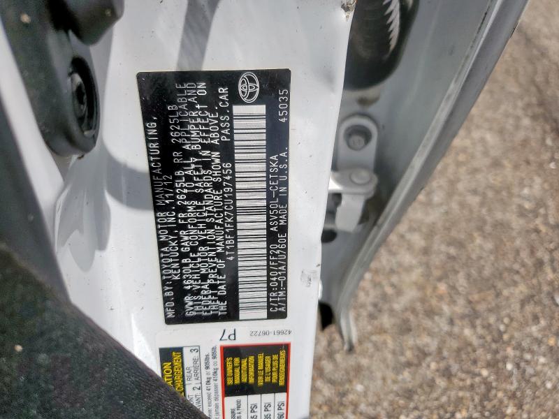 4T1BF1FK7CU197456 - 2012 TOYOTA CAMRY BASE WHITE photo 13