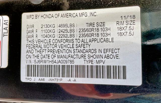 5J6RW1H54JA009785 - 2018 HONDA CR-V EX BLACK photo 10
