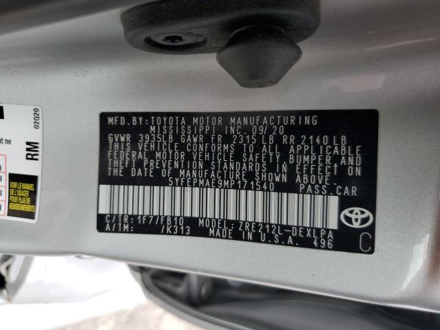 5YFEPMAE9MP171540 - 2021 TOYOTA COROLLA LE SILVER photo 12