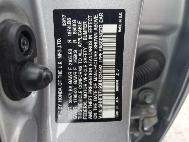 SHHFK7H93HU224892 - 2017 HONDA CIVIC SPORT TOURING SILVER photo 12