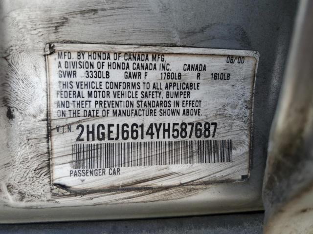 2HGEJ6614YH587687 - 2000 HONDA CIVIC BASE GRAY photo 12