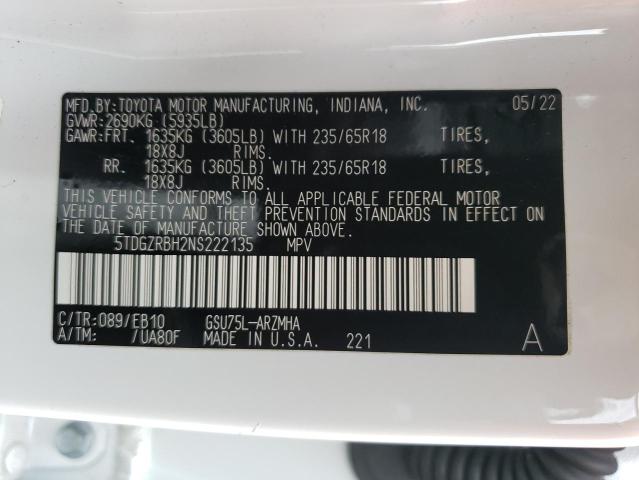 5TDGZRBH2NS222135 - 2022 TOYOTA HIGHLANDER XLE Weiß Foto 13