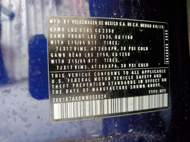 3VV1B7AX6MM003024 - 2021 VOLKSWAGEN TIGUAN S أزرق صورة 13