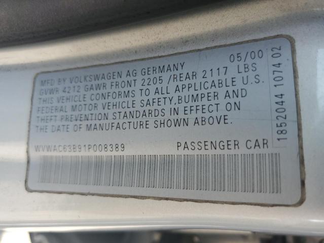 WVWAC63B91P008389 - 2001 VOLKSWAGEN PASSAT GLS SILVER photo 12