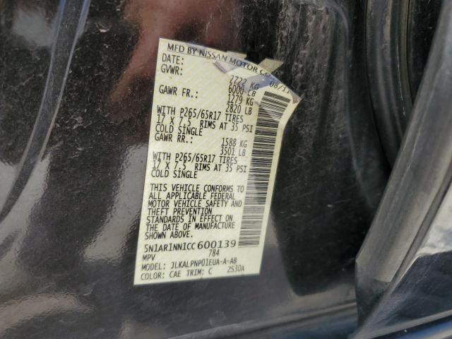 5N1AR1NN1CC600139 - 2012 NISSAN PATHFINDER S BLACK photo 12