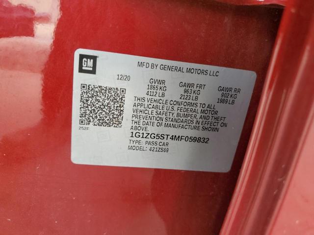 1G1ZG5ST4MF059832 - 2021 CHEVROLET MALIBU RS მუქწითელი ფოტო 12