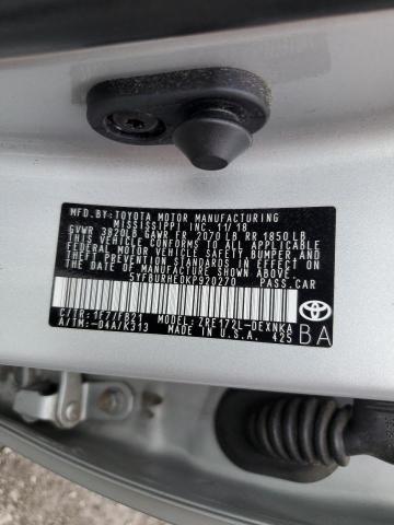 5YFBURHE0KP920270 - 2019 TOYOTA COROLLA L SILVER photo 12