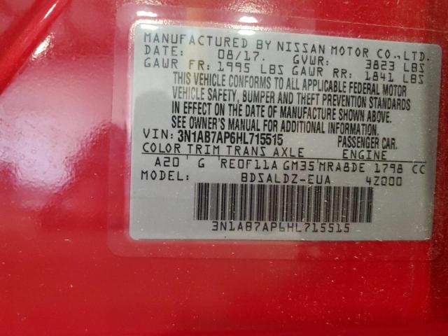 3N1AB7AP6HL715515 - 2017 NISSAN SENTRA S RED photo 13