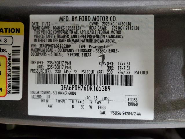 3FA6P0H76DR165389 - 2013 FORD FUSION SE GRAY photo 12