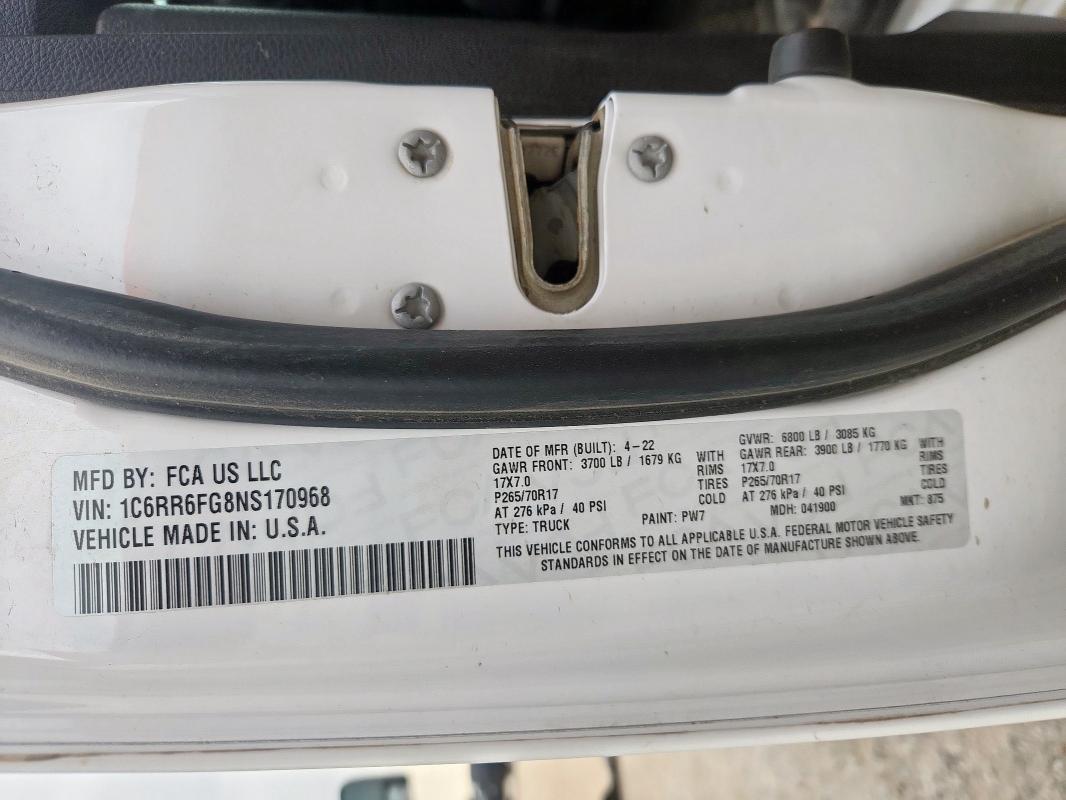 1C6RR6FG8NS170968 - 2022 RAM 1500 CLASS TRADESMAN Ağ foto 12