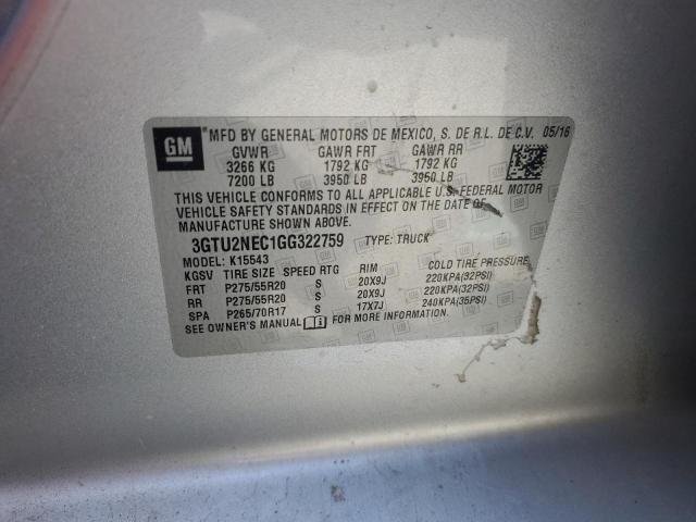 3GTU2NEC1GG322759 - 2016 GMC SIERRA K1500 SLT SILVER photo 12