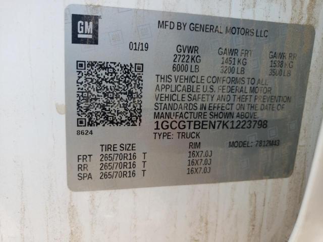 1GCGTBEN7K1223798 - 2019 CHEVROLET COLORADO 白色 照片 12