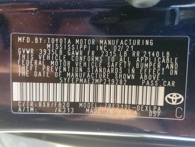 5YFEPMAE2MP219282 - 2021 TOYOTA COROLLA LE BLUE photo 12